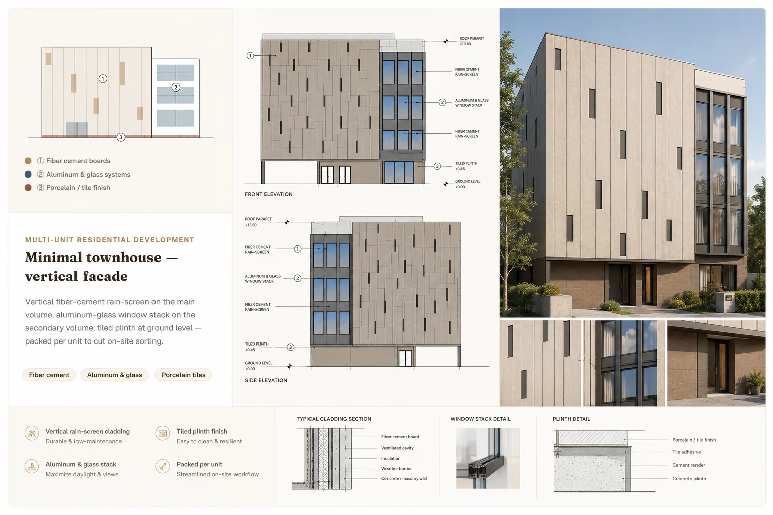 Minimal townhouse — vertical facade — concept board with material legend